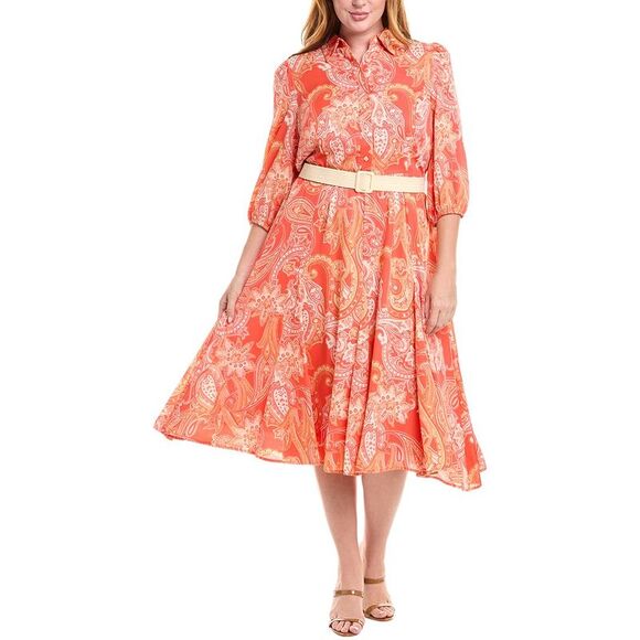 Tahari Asl Womens  Plus Belted Midi Dress, Orange - Picture 1 of 3